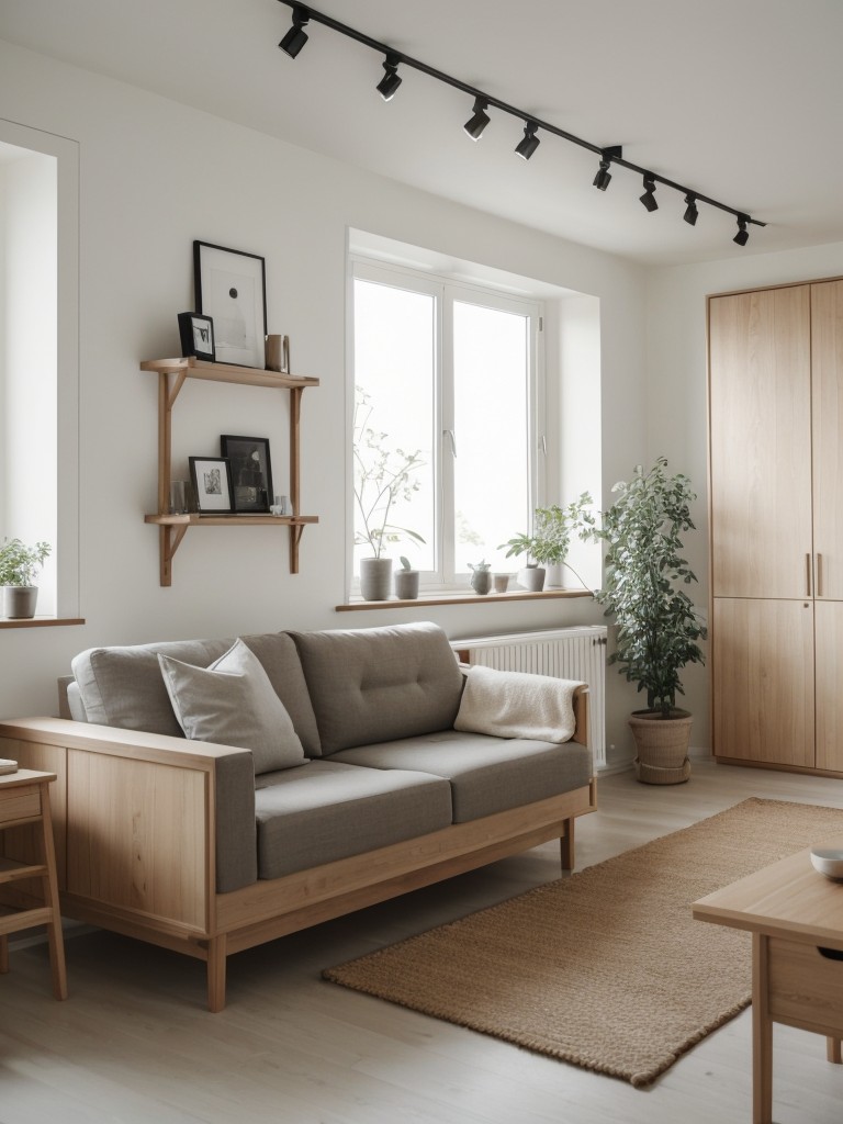 Scandinavian-inspired minimalistic living room with a focus on light colors, natural materials, and functional storage solutions.