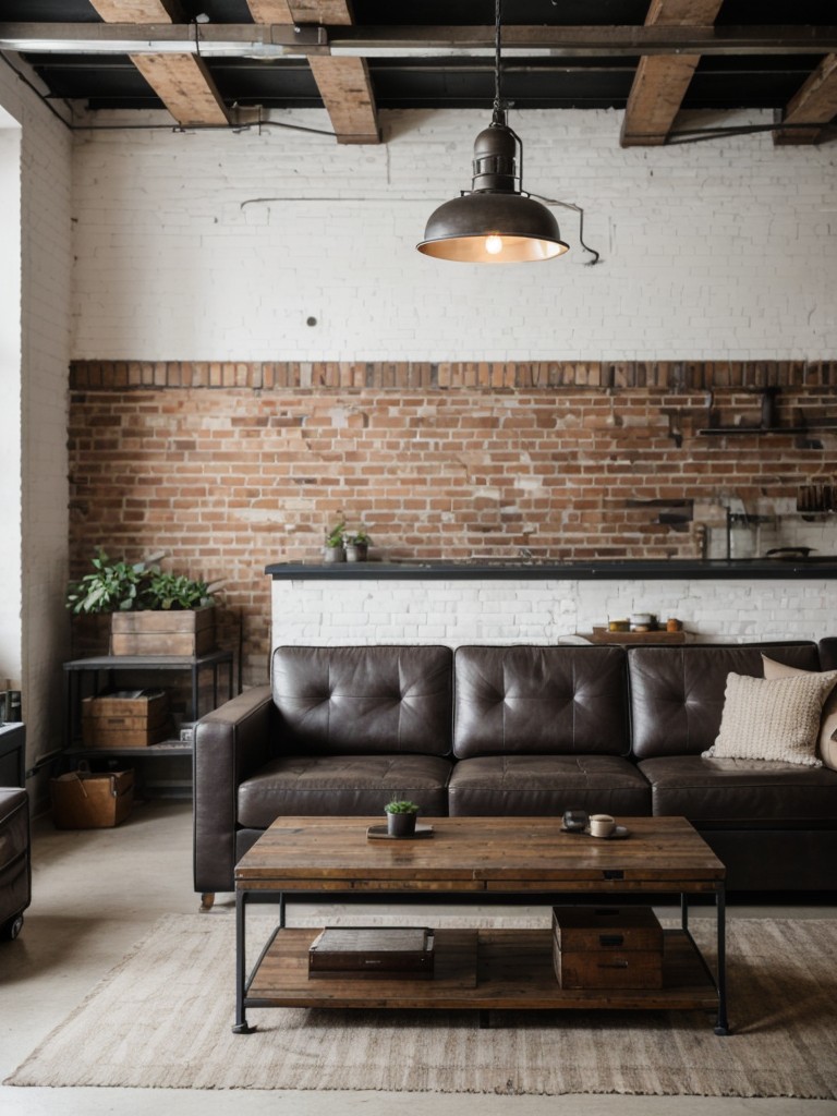 Urban industrial living room with exposed brick walls, metal accents, and a blend of vintage and modern furniture pieces.