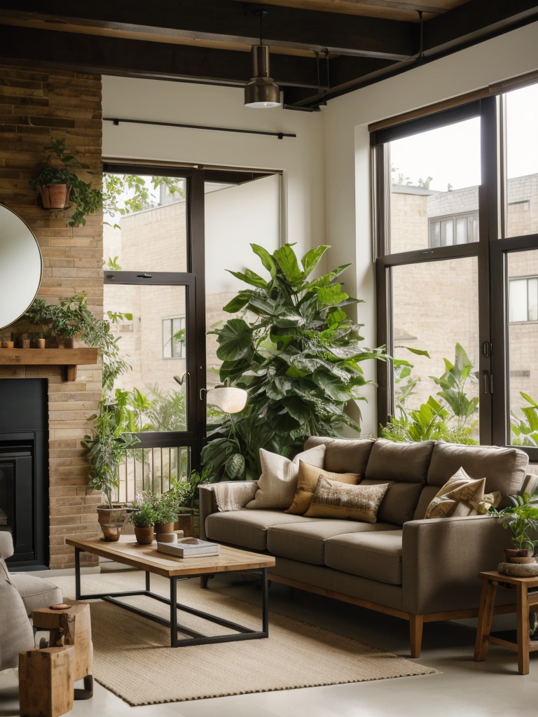 Urban jungle-inspired living room with an abundance of plants, natural materials, and earthy color tones.