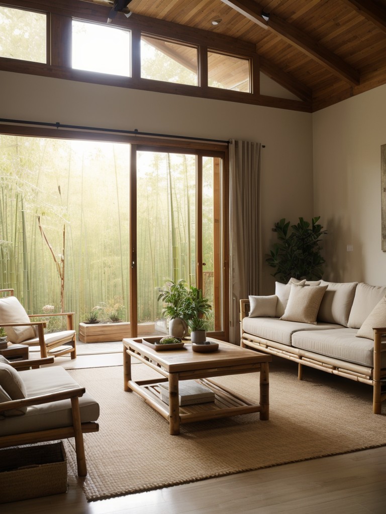 Zen-inspired living room with a neutral color palette, natural materials like bamboo or jute, and a clutter-free environment.