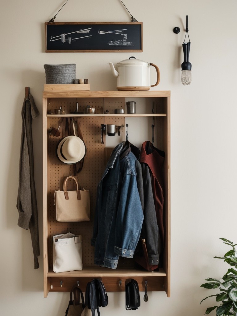 Utilize vertical space by adding wall-mounted hooks or pegboards for hanging coats, bags, and hats.