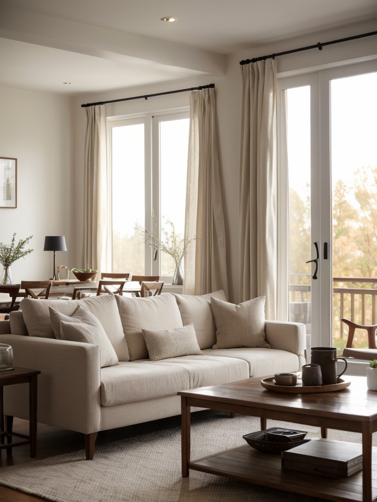 Create a cozy living room ambiance by incorporating soft textiles, warm lighting, and minimalistic decor.