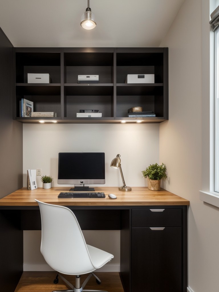 Create a designated workspace within your small apartment by utilizing a compact desk or incorporating a small office nook, separating work and relaxation areas.