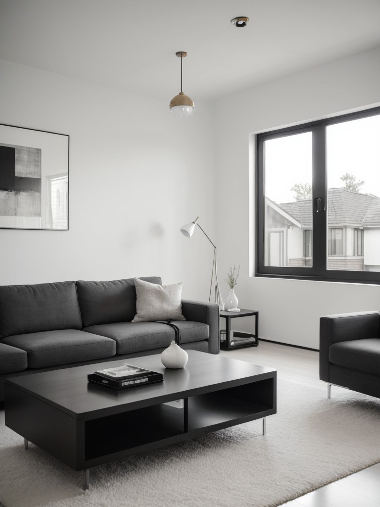 Create a sleek and minimalist living room with a monochromatic color scheme, large windows, and contemporary furniture.