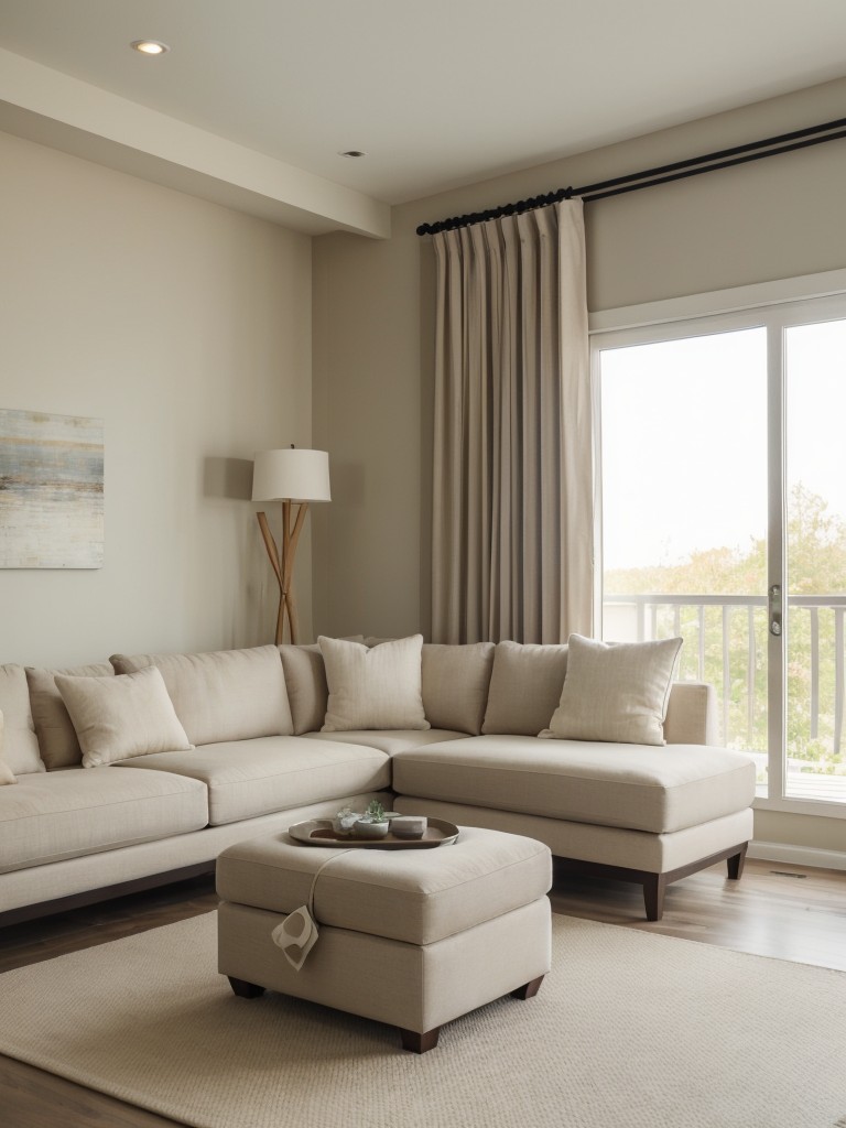 Foster a sense of relaxation and tranquility in a modern living room by incorporating soft and neutral color palettes, plush fabrics, and comfortable seating options.