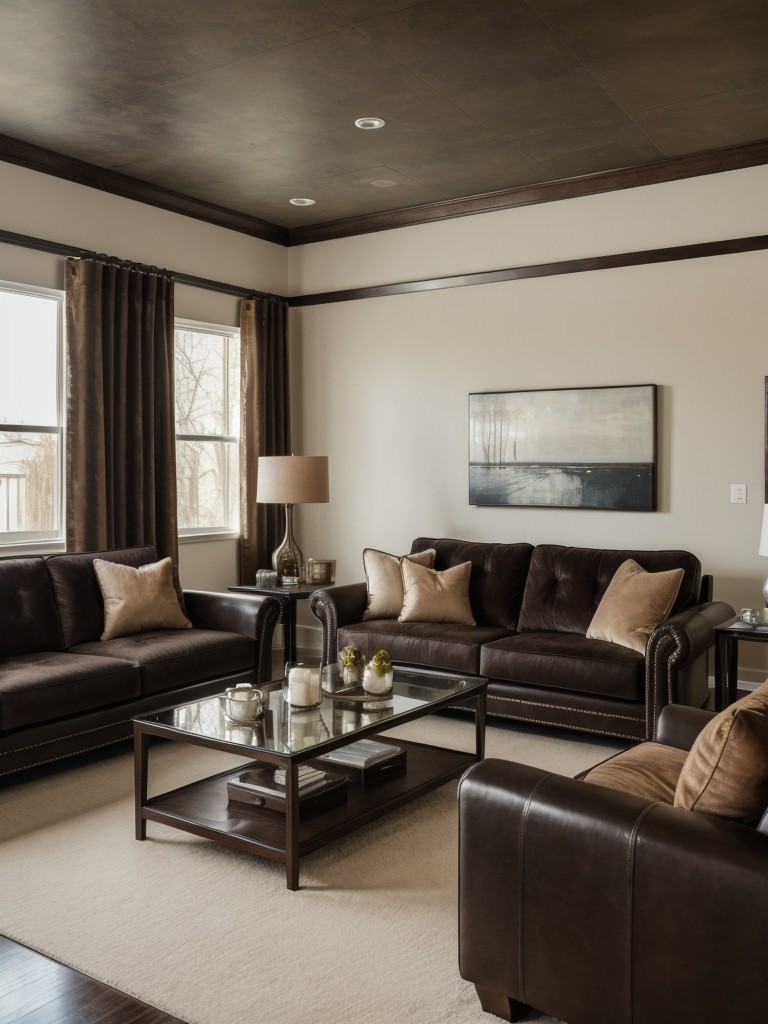 Incorporate a blend of textures and materials, such as a leather sofa, glass coffee table, and velvet accent chairs, to add depth and visual interest to the living room.