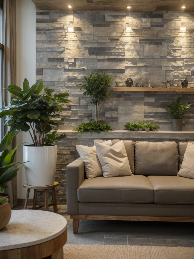 Incorporate natural elements, such as live plants or a feature wall made of natural stone, to add warmth and balance to a modern living room.