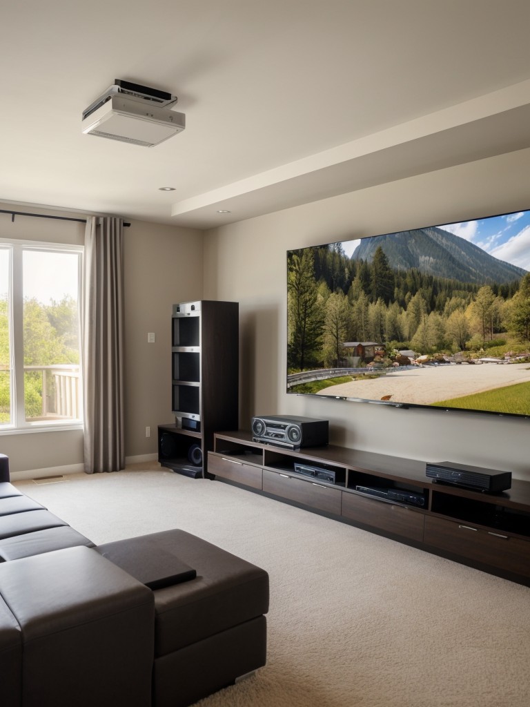 Install large wall-mounted TVs or projectors with built-in sound systems to create a home theater experience in a modern living room.