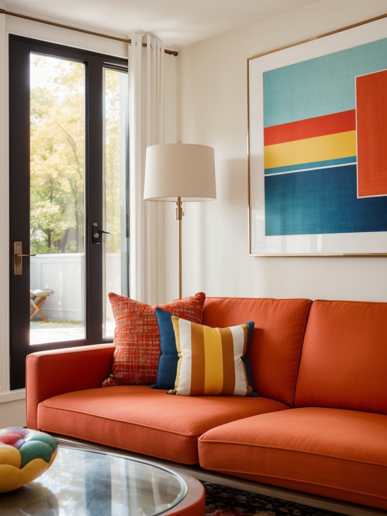 Introduce pops of bold color through accessories like throw pillows, artwork, or a vibrant area rug for a modern and playful touch.