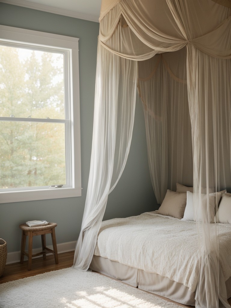 Create a cozy and intimate sleeping area with a canopy or drapes for privacy and visual separation.