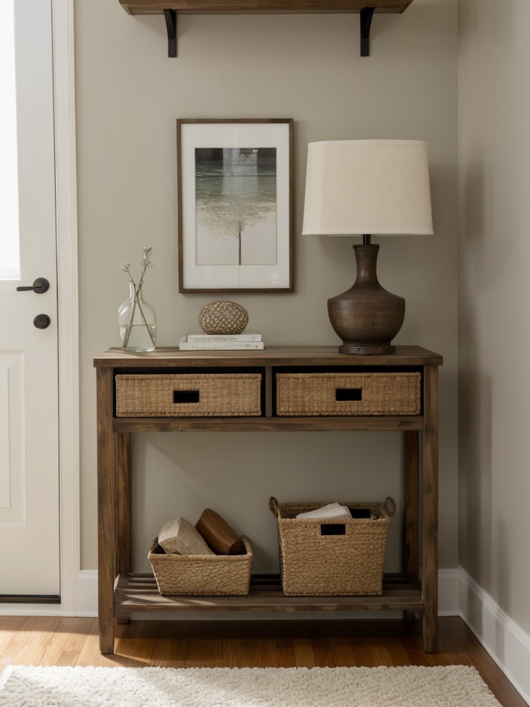 Create an inviting entryway by placing a small console table or a wall-mounted shelf near the entrance.