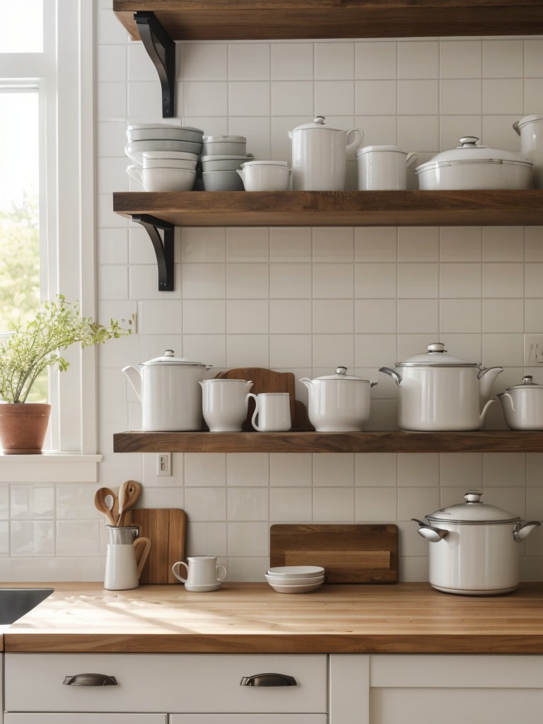 Use open shelving in the kitchen area to showcase kitchenware and create an airy feel.