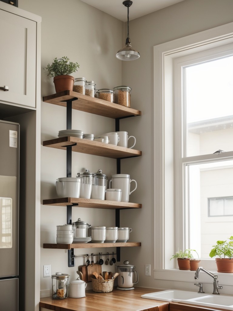 Create an adorable and functional kitchenette with open shelves, hanging pots, and compact appliances, keeping everything within reach while adding a touch of charm to your studio apartment.