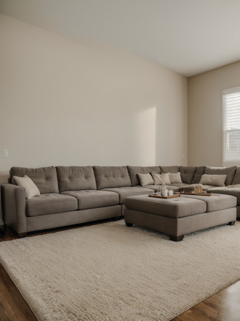 Create a cozy and inviting living room with a plush sectional sofa, oversized pillows, and a soft area rug, making your studio apartment the perfect place for relaxation and movie nights.