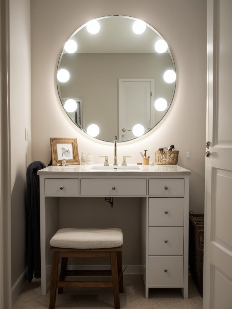 Create a makeshift dressing area with a stylish clothing rack, vanity mirror, and a cozy ottoman, transforming a corner of your studio apartment into a cute and functional space.