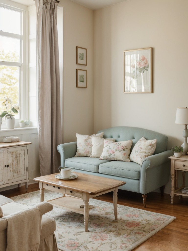 Embrace a cute and cozy cottage style for your studio apartment, featuring vintage-inspired furniture, floral patterns, and soft pastel hues, creating a warm and inviting atmosphere.