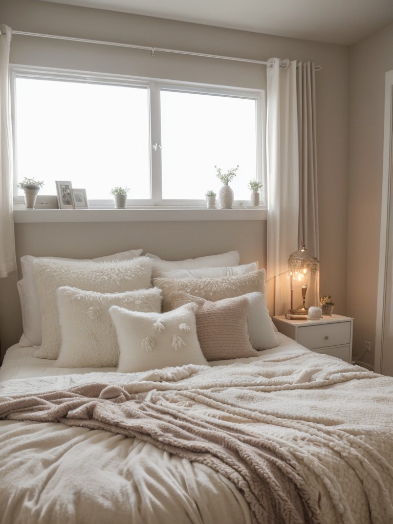 Enhance the coziness of your bedroom area with a soft and fluffy rug, layered bedding, and warm fairy lights, creating a serene and inviting space within your cute studio apartment.