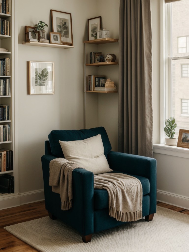 Incorporate a cozy reading corner with a comfy armchair, floor-to-ceiling bookshelves, and a soft throw blanket, creating a peaceful and enchanting spot within your cute studio apartment.