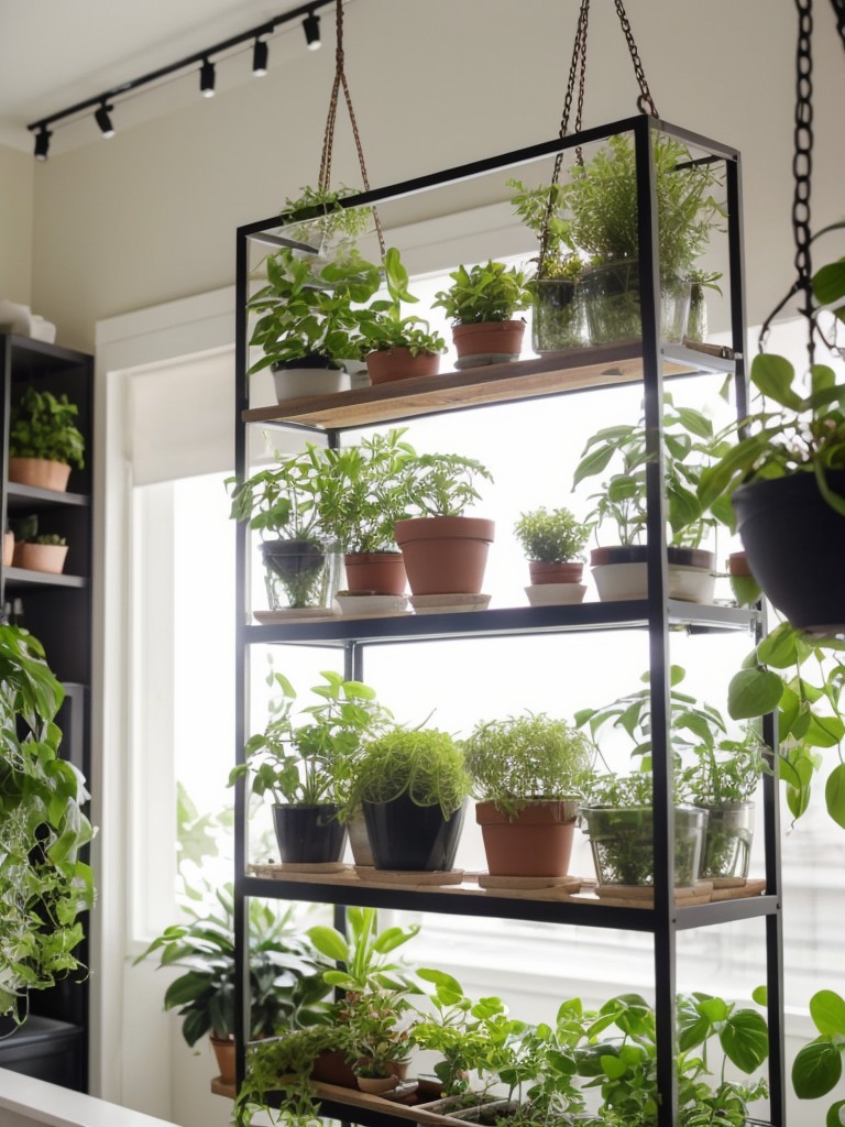 Incorporate a mini indoor garden with hanging planters, terrariums, and potted plants, bringing nature indoors and adding a fresh and adorable touch to your studio apartment.