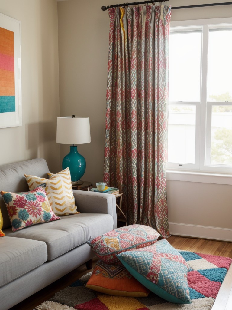 Incorporate playful and colorful patterns through accent pillows, curtains, and rugs, adding a cheerful and vibrant touch to your studio apartment's overall decor.