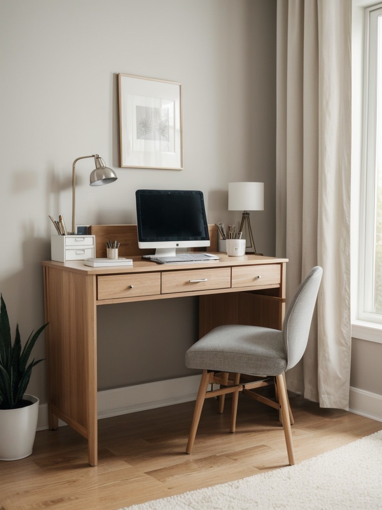 Incorporate a small but functional home office area with a compact desk, stylish storage solutions, and a comfy chair, enabling you to work from home in style and comfort in your cute studio apartment.