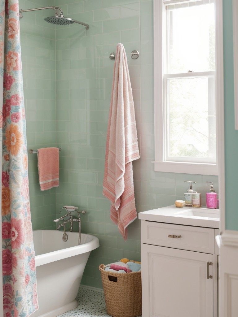 Infuse your bathroom with adorable and colorful accessories, such as patterned shower curtains, vibrant towels, and cute storage containers, adding a fun and cheerful touch to your studio apartment.