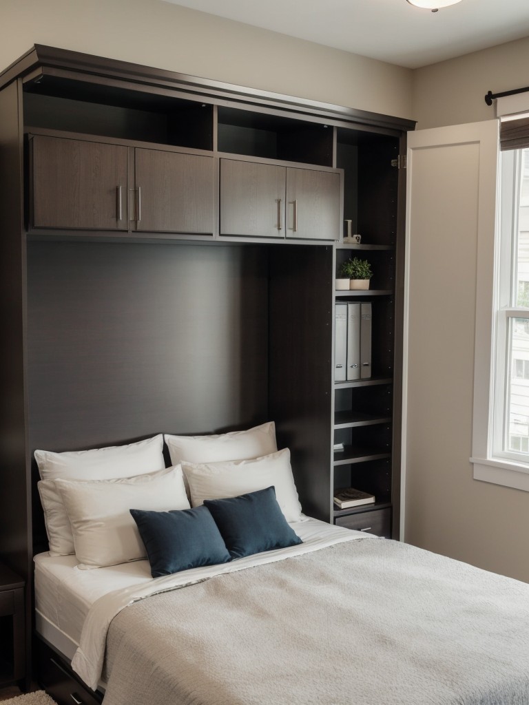 Install a custom-made murphy bed with a hidden desk or storage compartments, providing a functional workspace during the day and a comfortable sleeping area at night in your adorable studio apartment.