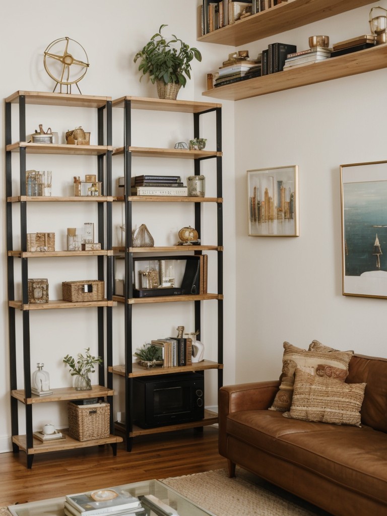 Opt for open shelving units to showcase your collection of books, cute trinkets, and art pieces, turning your studio apartment into a whimsical and unique sanctuary.