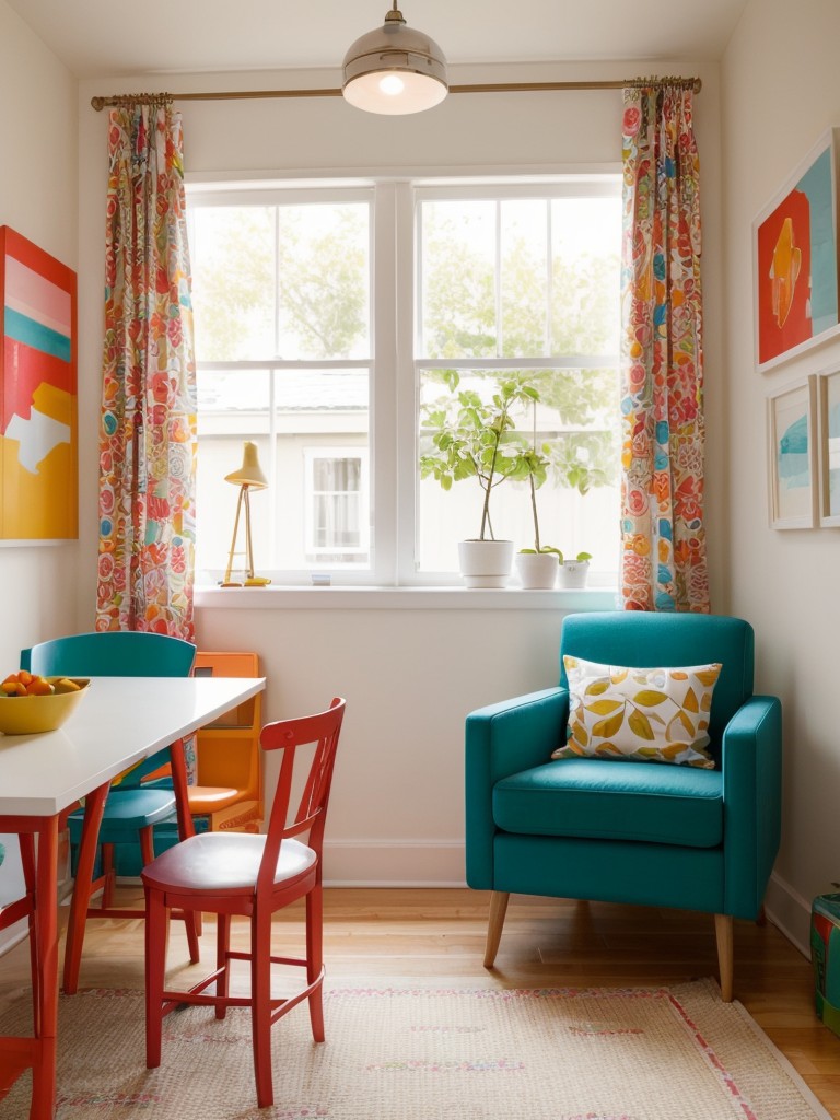 Use a bright and cheerful color palette, along with playful patterns and whimsical decor, to create a cute and vibrant atmosphere for your small living space.