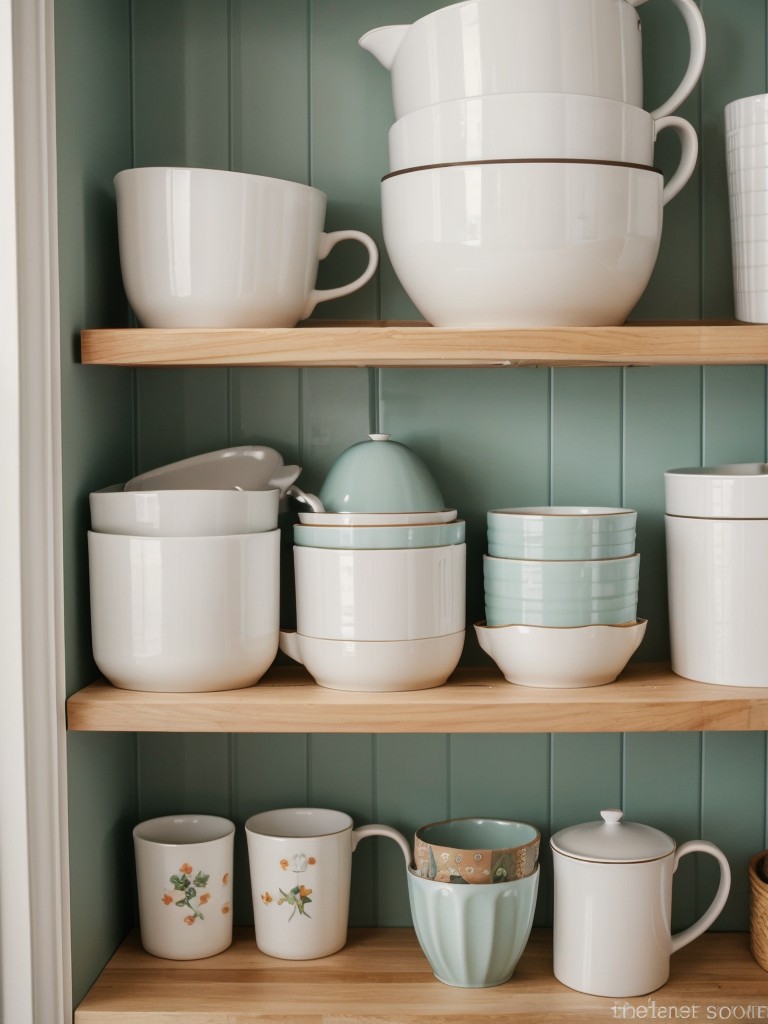 Utilize wall-mounted shelves and hooks to organize and display your collection of cute kitchenware, mugs, and utensils, adding a charming and whimsical touch to your studio apartment's kitchen area.