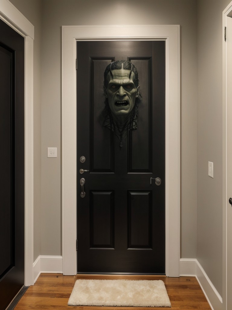 Apartment door decorating ideas inspired by classic horror movies, featuring iconic characters like Frankenstein, Dracula, and The Mummy.