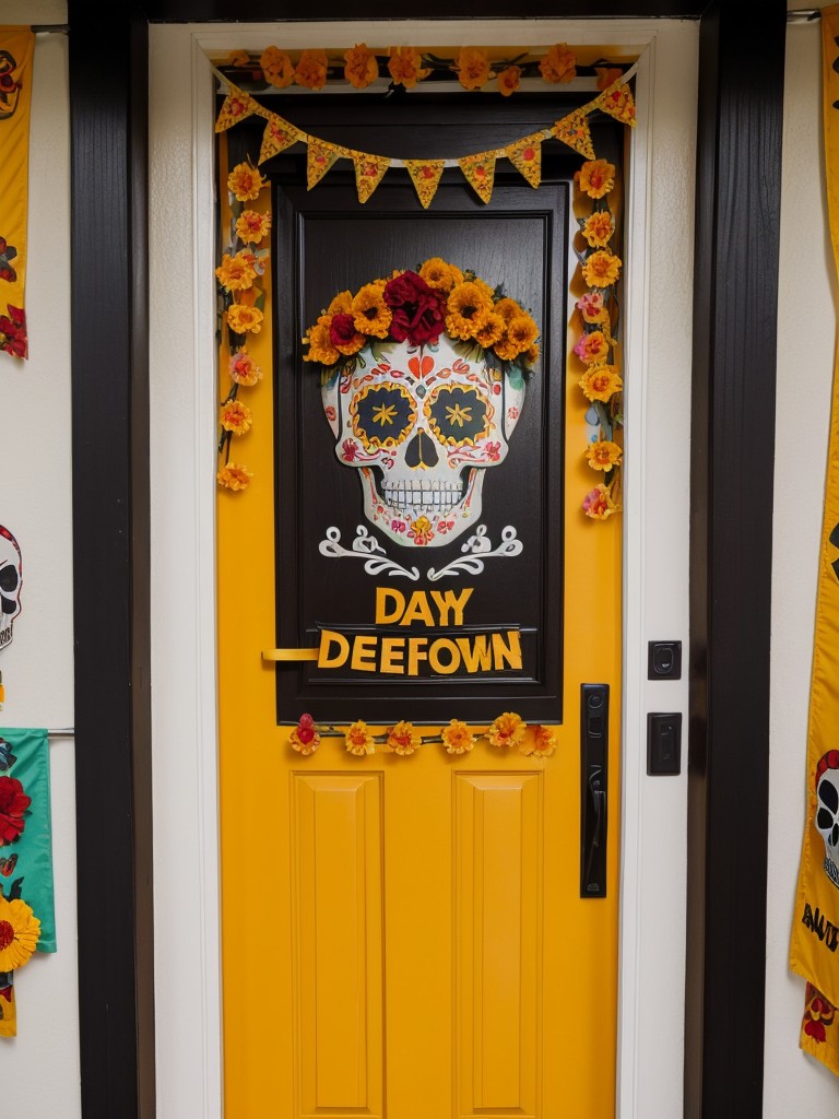 Apartment door decoration ideas with a Day of the Dead theme, featuring colorful sugar skull designs, marigold flowers, and papel picado banners.