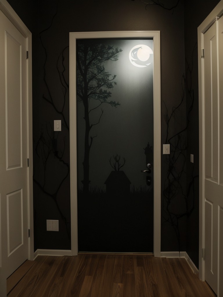 Apartment door decoration ideas with a haunted forest theme, including twisted branches, eerie glowing eyes, and silhouettes of creatures lurking in the shadows.