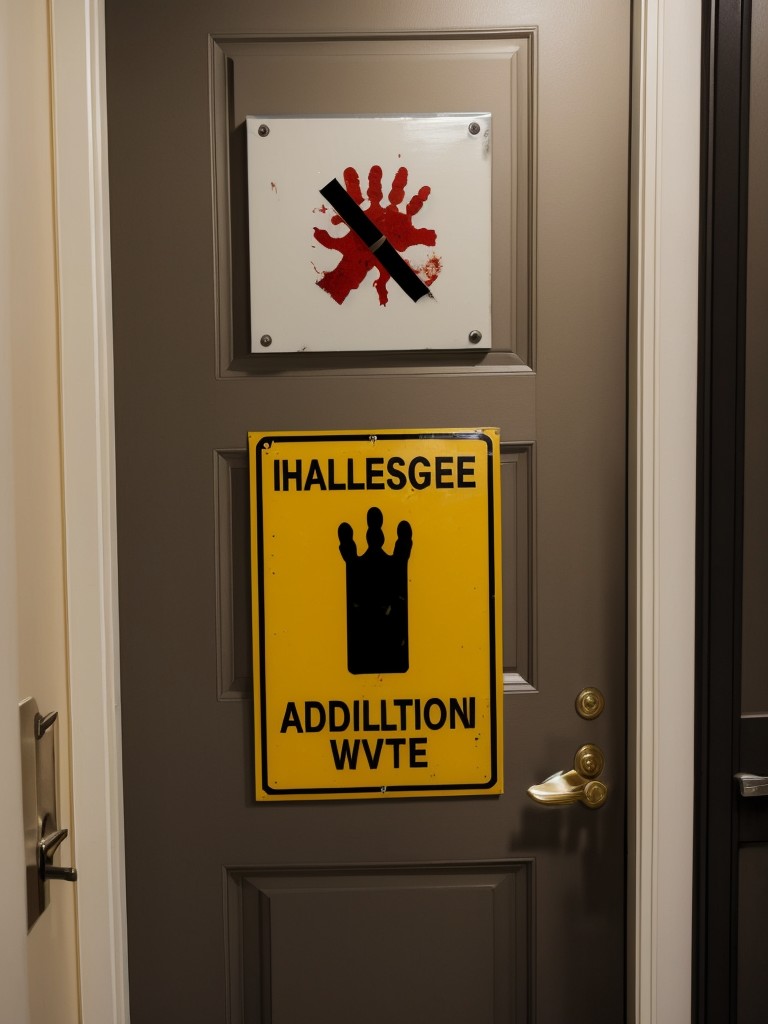 Apartment door decoration ideas with a zombie invasion theme, featuring bloody handprints, warning signs, and caution tape.