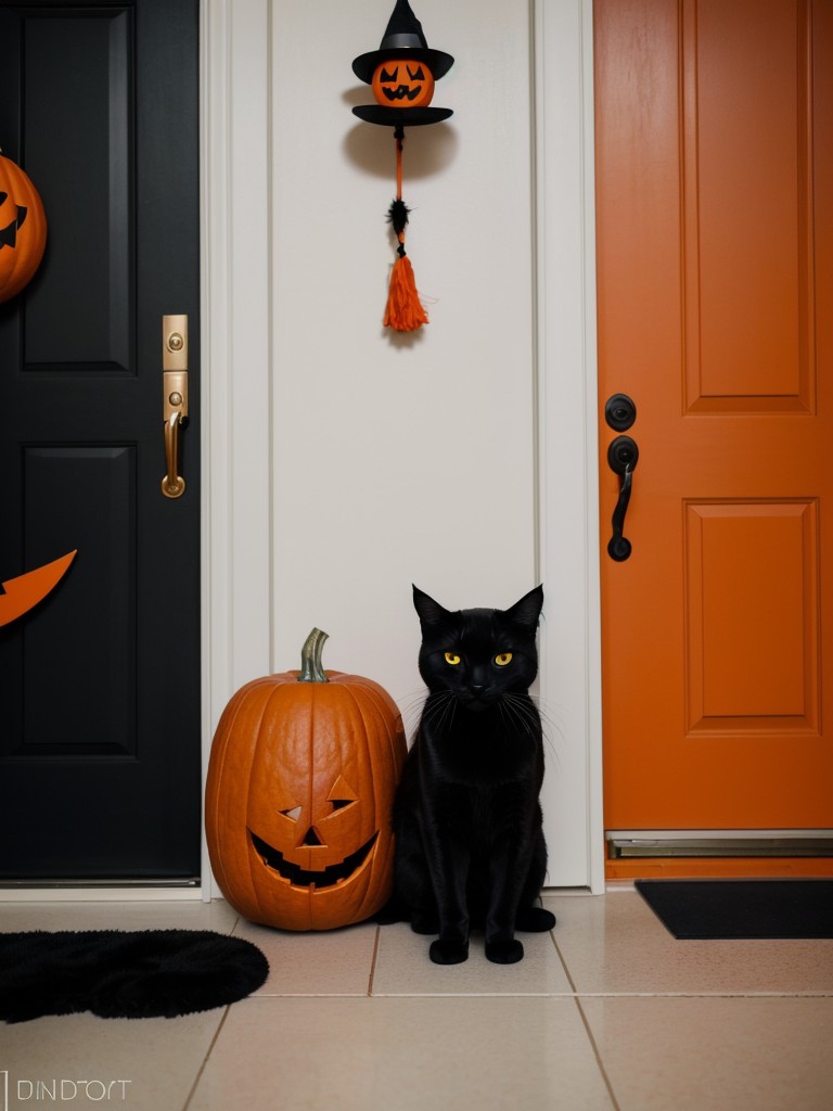 Apartment door decorations inspired by classic Halloween symbols, including black cats, jack-o'-lanterns, and witches' hats.