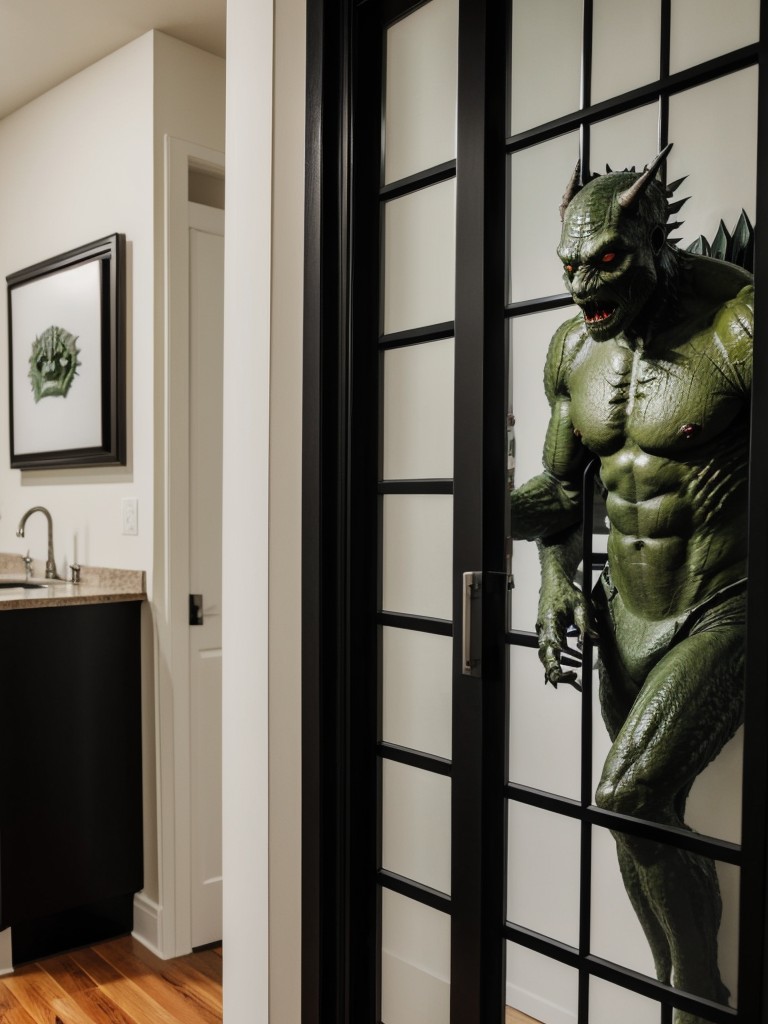 Apartment door decorations inspired by classic monster movies, like The Wolf Man, The Creature from the Black Lagoon, and The Bride of Frankenstein.