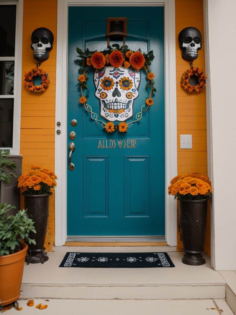 Apartment door decorations inspired by Dia de los Muertos (Day of the Dead), incorporating vibrant skull designs, papel picado banners, and marigold flowers.