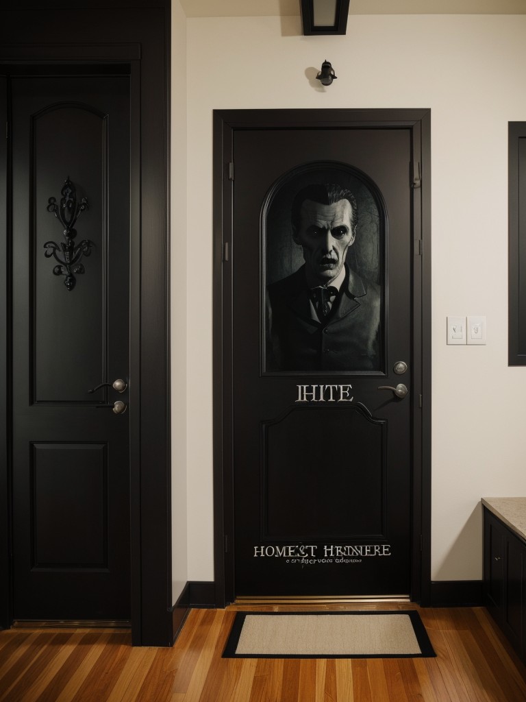 Apartment door decorations inspired by famous horror literature, featuring quotes and imagery from works like Dracula, Frankenstein, and The Raven.