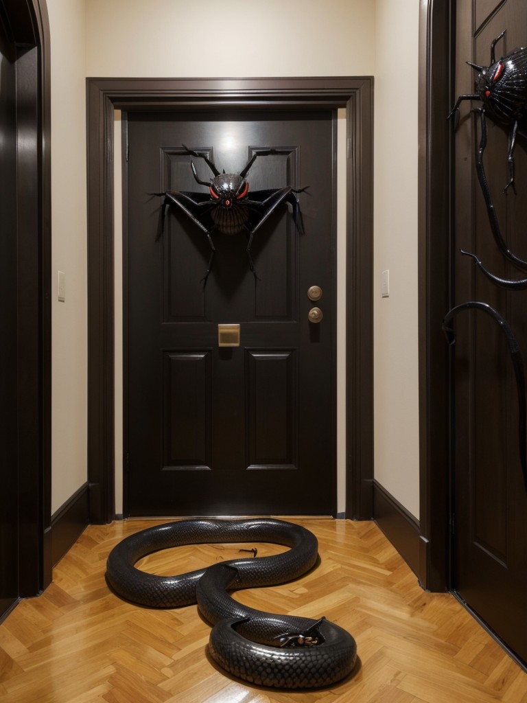 Creepy creature-inspired apartment door decoration ideas using fake spiders, snakes, and bats for a frightful welcome to visitors.