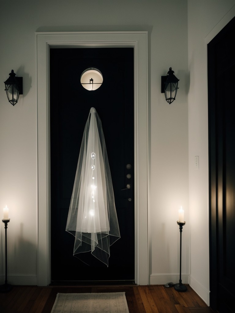 Ghostly apartment door decorations using white sheets, floating apparitions, and eerie lighting for a hauntingly beautiful entrance.