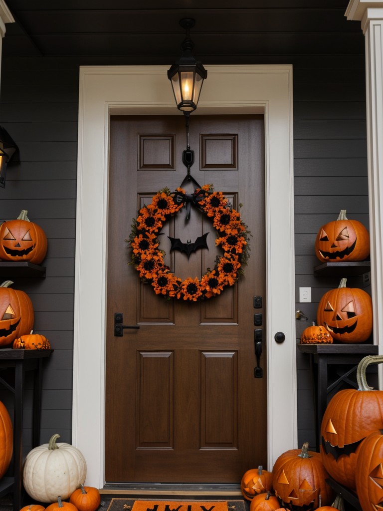 Halloween-themed apartment door decorating ideas incorporating pumpkins, bats, and witches.