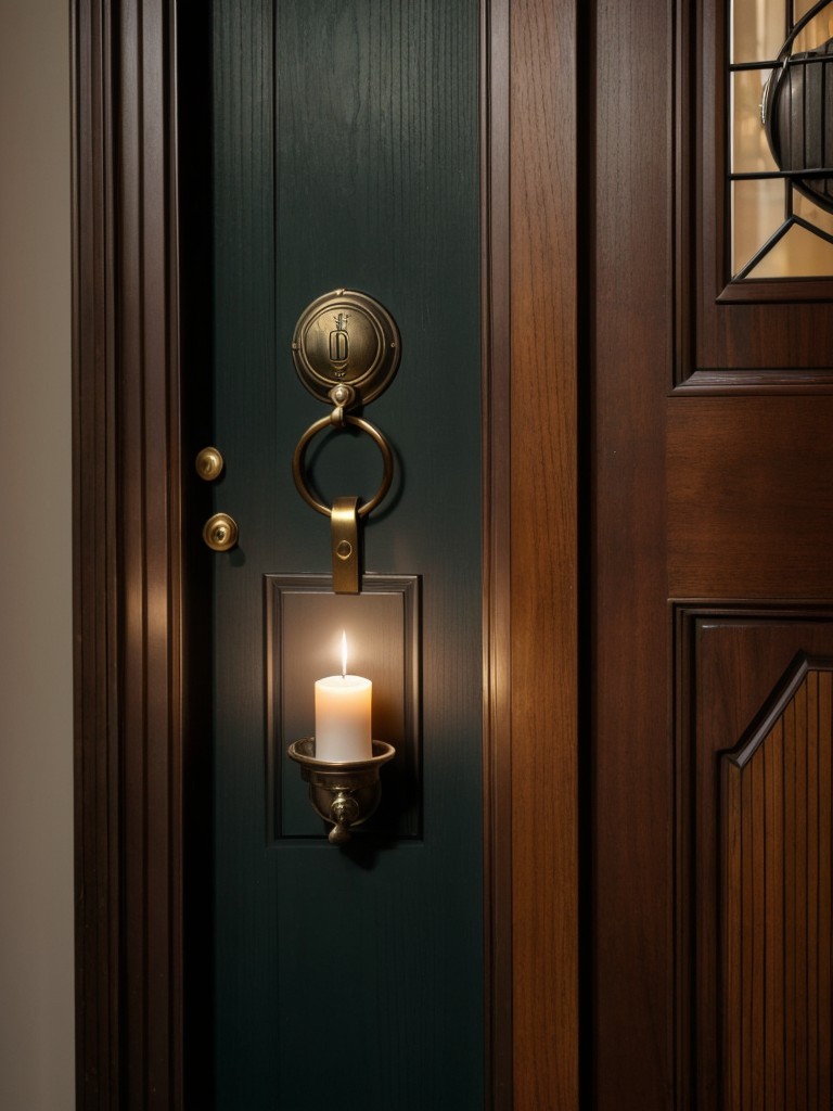 Harry Potter-inspired apartment door decoration ideas, with floating candles, an enchanted door knocker, and a Platform 9 ¾ sign.