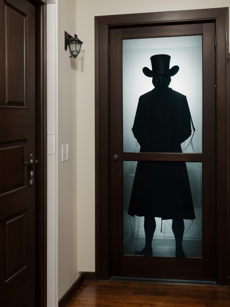 Haunted house-inspired apartment door decoration ideas with creaky doors, ghostly figures, and creepy sound effects.