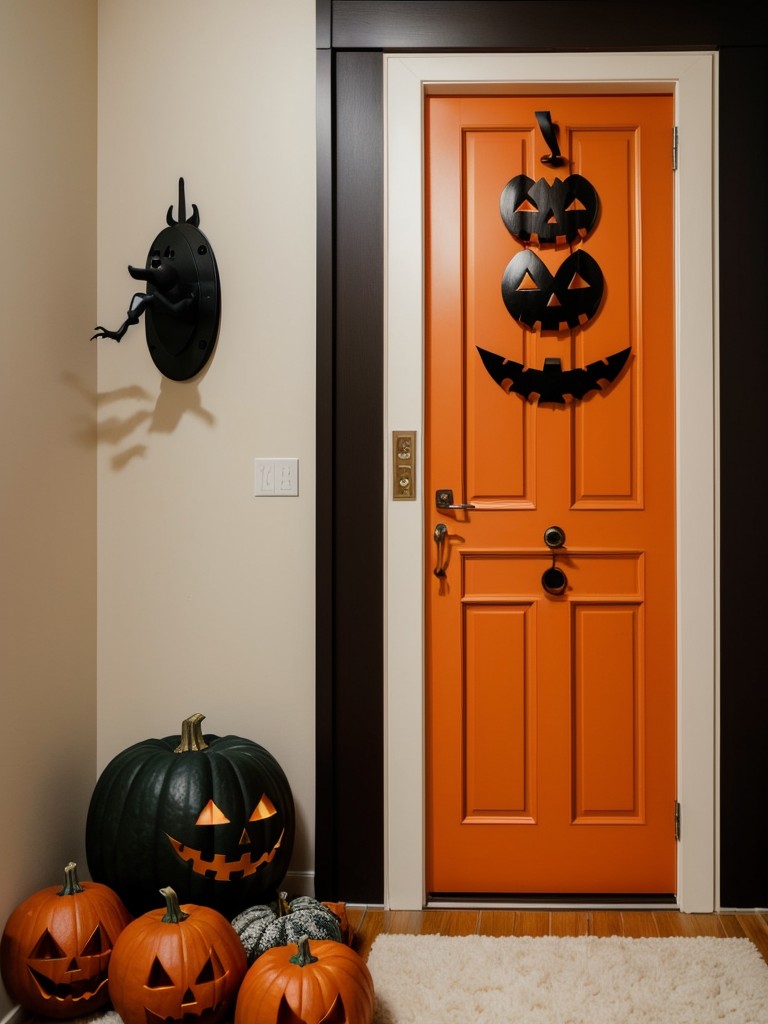 Playful apartment door decoration ideas with cartoonish ghosts, monsters, and pumpkins for a family-friendly Halloween vibe.