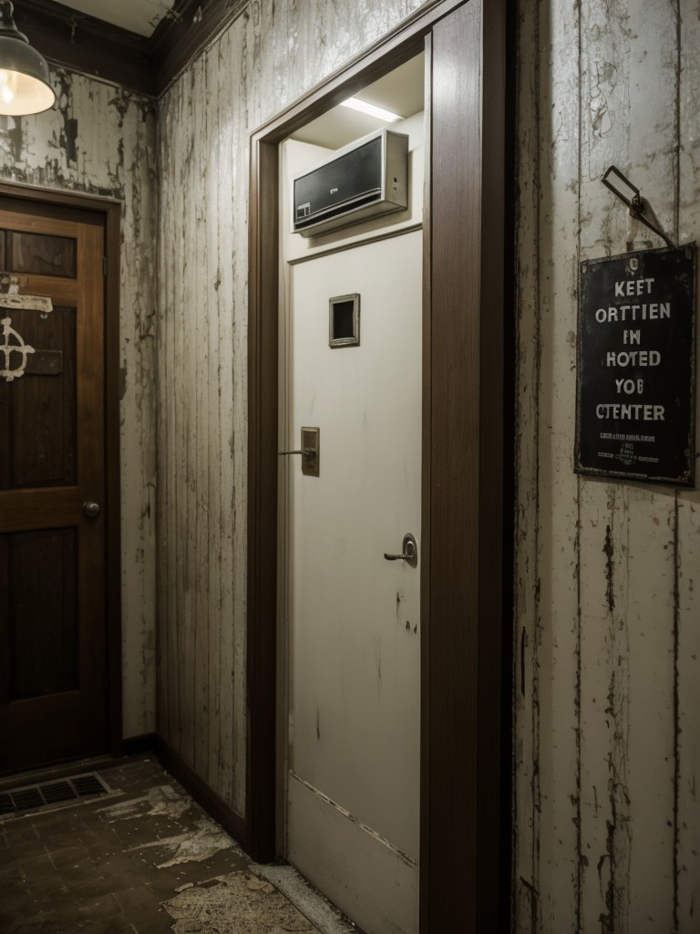 Sinister asylum-themed apartment door decoration ideas, with peeled wallpaper, Keep Out signs, and flickering lights.