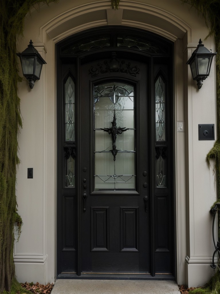 Spooky haunted mansion-inspired apartment door decoration ideas, featuring gargoyle accents, broken windows, and a moss-covered entrance.