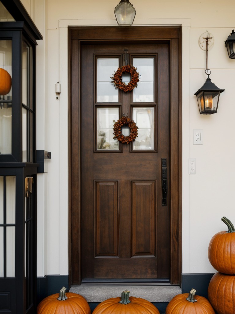 Vintage-inspired apartment door decoration ideas, with antique Halloween postcards, old-fashioned pumpkins, and lanterns.