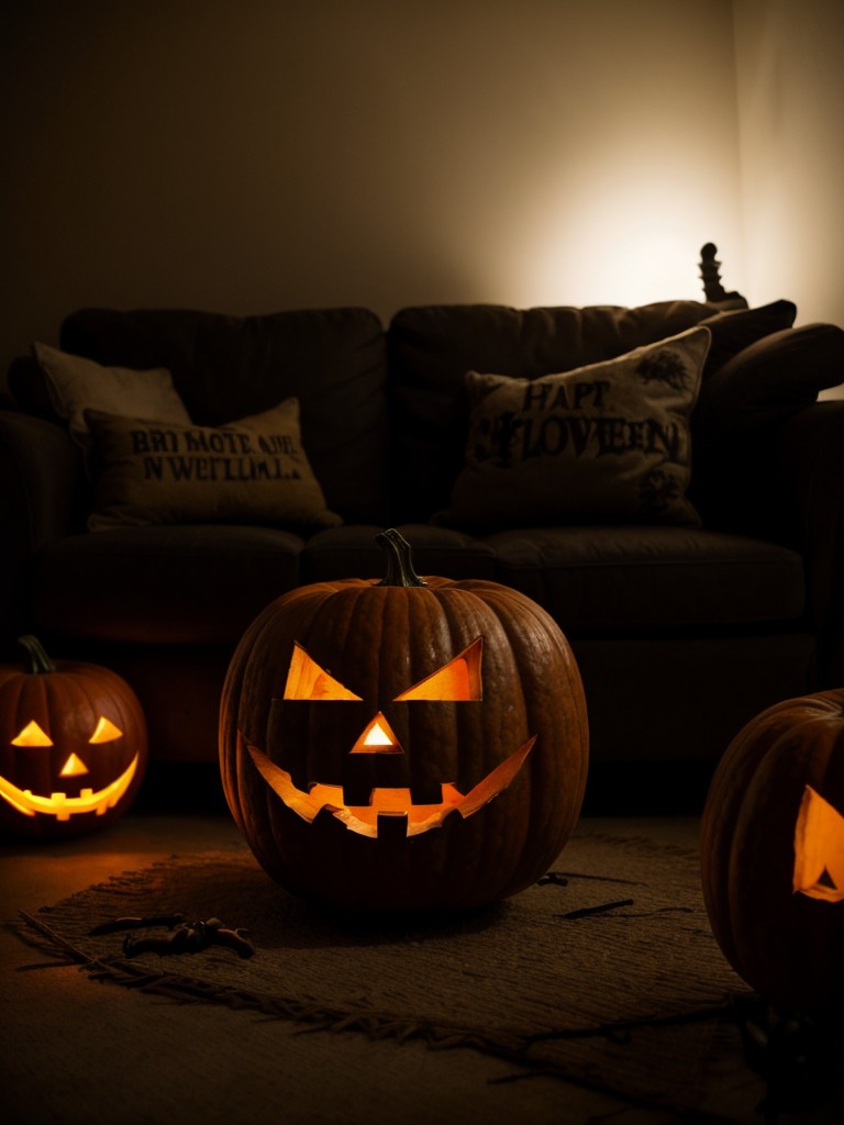 Create a haunted maze in your living room with creepy props and dim lighting for a thrilling Halloween experience.