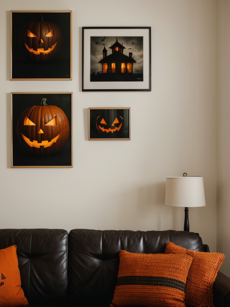 Create a spooky gallery wall in your living room with Halloween-themed art prints, framed vintage photos, and scary masks.