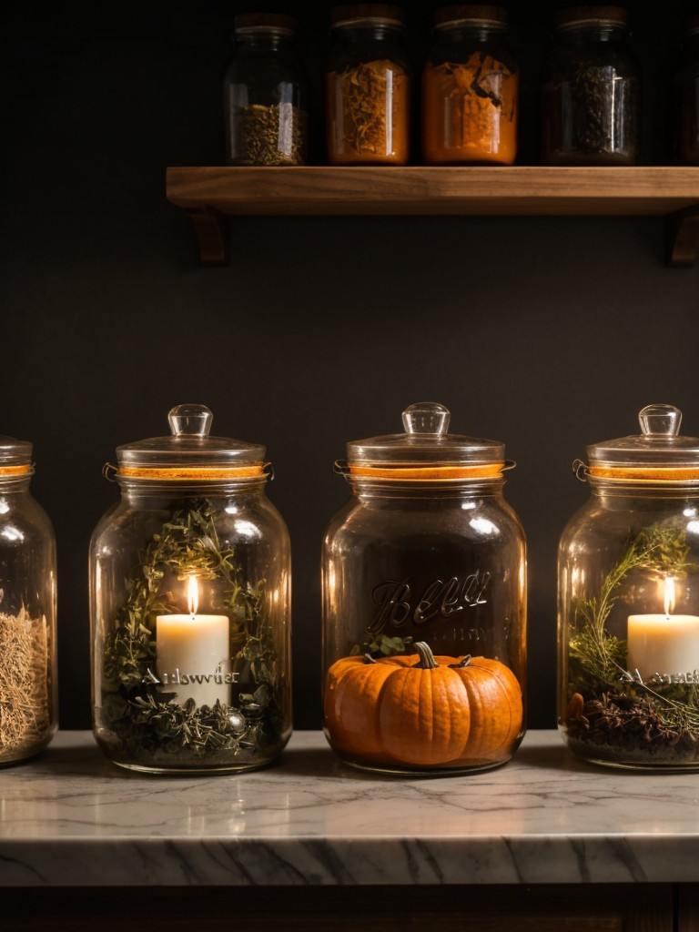 Create a witch's apothecary in your kitchen with jars of herbs, potion bottles, and a cauldron for a bewitching Halloween touch.